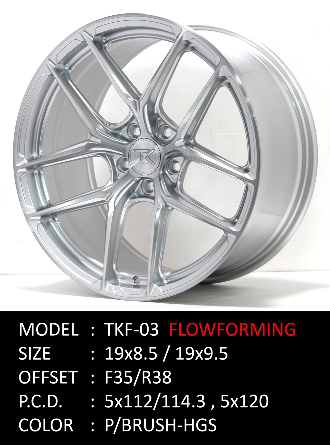 ล้อแม็ก ล้อแม็กใหม่ FlowForming Tam TKF03 5รู112/114 ET35-38 ซิลเวอร์ปัดทราย F8.5 R9.5-19นิ้ว 